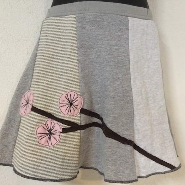 T-Skirt (Kids) | upcycled, recycled gray t-shirt skirt with cherry blossom flower appliqué