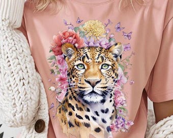 Leopard Floral T-Shirt: Watercolor Animal Print, Nature Lover Tee