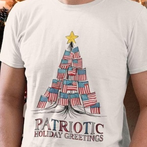 Patriotic Christmas Tree T-shirt: Holiday Greetings, USA Flag Tee