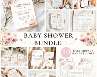 Paquete de baby shower de abejas: tema floral, editable en Canva (descarga digital)