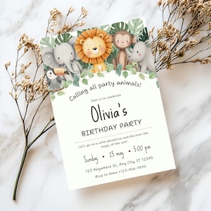 Bearbeitbare Safari Geburtstagseinladung • Canva Jungle Party einladen • Druckbare und mobile Vorlagen • Wild One Theme • Sofort Download