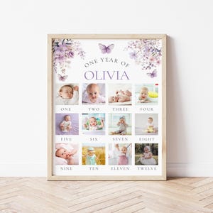 Plantilla editable para fotomatón de primer año / Póster de hitos del bebé con mariposas / Collage de fotos de 12 meses, decoración de cumpleaños infantil, descarga digital