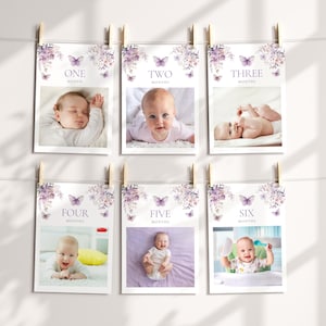 Bearbeitbares Schmetterlings-Fotobanner | 12 Monate Girlande für Baby Mädchen | Erster Geburtstag Leinwand Vorlage | Sofortiger digitaler Download