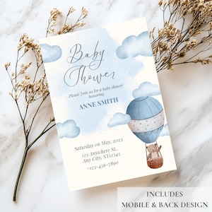 Teddy Bear Baby Shower Invitation: Hot Air Balloon Theme (Digital Download)