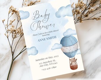 Teddy Bear Baby Shower Invitation: Hot Air Balloon Theme (Digital Download)