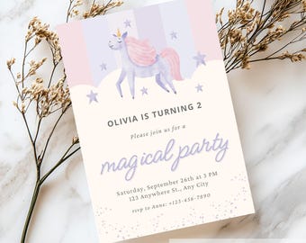 Invitación de cumpleaños de unicornio: Fiesta pastel, plantilla editable de Canva (descarga digital)