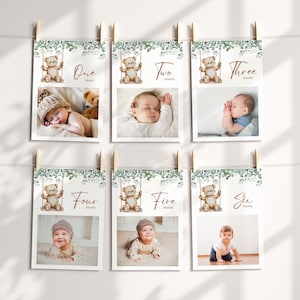 Bannière photo mensuelle Greenery Bear | Modèle de toile modifiable | 13 cartes Jalon | Déco premier anniversaire des bois