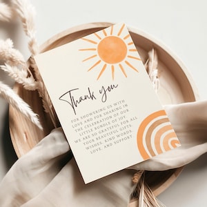 Tarjeta de agradecimiento editable, plantilla bohemia para baby shower, tema "Aquí viene el sol", plantilla de Canva, tarjeta de agradecimiento imprimible, descarga instantánea