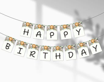 Può includere: Un banner bianco con la scritta "HAPPY BIRTHDAY" in lettere nere. Ogni bandierina è decorata con illustrazioni ad acquerello di leoni, elefanti e fogliame. Il banner è appeso a un filo sottile.