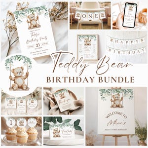 Modello modificabile di Canva per il pacchetto di compleanno di Greenery Bear, invito neutro per orsacchiotto, invito minimalista per il primo compleanno di Boho Beary, stampabile