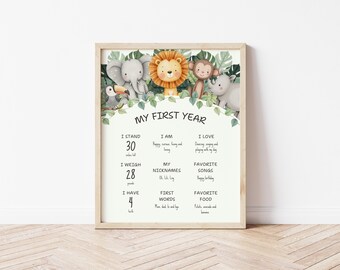 Puede incluir: Impresión enmarcada con temática de jungla, con ilustraciones de un león, un elefante, un mono y un rinoceronte. El texto "My First Year" está en la parte superior, con detalles sobre la altura del niño (76 cm), el peso (12,7 kg) y otros datos.