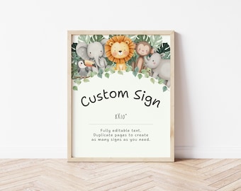Könnte beinhalten: Ein gerahmtes, individuelles Schild mit Illustrationen von Dschungeltieren, darunter ein Elefant, ein Löwe, ein Affe, ein Nashorn und ein Tukan. Das Schild ist 20,3 x 25,4 cm groß und enthält den Text "Custom Sign".