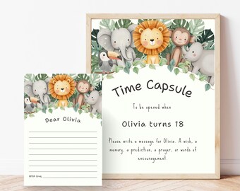 May include: A framed time capsule print and a matching card. The print features a watercolor illustration of jungle animals, including a lion, elephant, and monkey. The text reads "Time Capsule" and "Dear Olivia". The card has lines for writing a message.