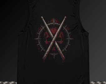 May include: A black sleeveless shirt featuring a graphic print of two crossed drumsticks centered over a dark red skull silhouette. The design is encircled by a spiky, crown-like ring with dripping red accents, creating a bold, high-contrast visual.