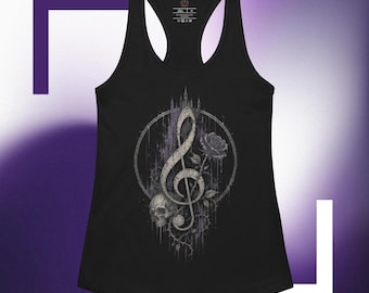 May include: A black racerback tank top featuring a graphic print of a large treble clef centered within a circular frame. The design includes a detailed skull, a blooming rose, and thorny vines in shades of grey and purple with a dripping paint effect.