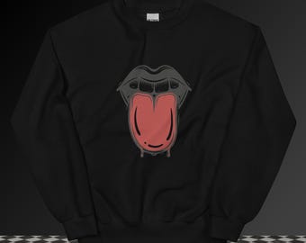 May include: Black sweatshirt featuring a graphic of a mouth with a red tongue sticking out. The lips are gray, and the tongue has a red outline with a dripping effect. The sweatshirt is made of a soft material.
