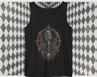 May include: A black tank top featuring a central graphic print of a vintage-style microphone encased in an ornate, dark frame. The design includes detailed illustrations of blooming roses and a human skull at the base, with a dripping paint effect.