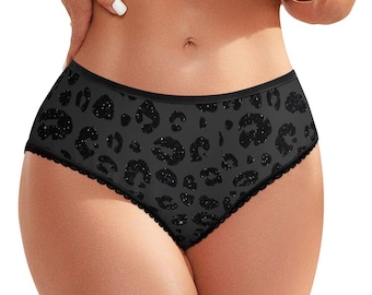 May include: High-waisted underwear featuring a dark gray base with a black leopard print pattern. The garment includes a solid black elastic waistband and black scalloped lace trim along the leg openings, providing a secure and fitted silhouette.