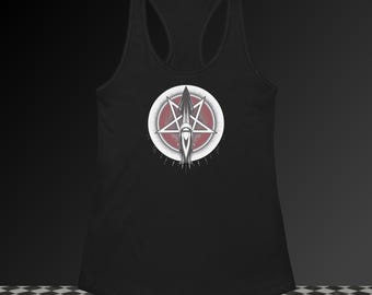 May include: Black racerback tank top featuring a white and red graphic. The graphic includes a pentagram, arrow, and other stylized elements within a circle. The tank top has a racerback design and is made of a soft material.