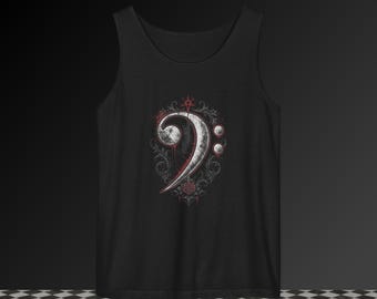 May include: A black tank top featuring a central graphic of a distressed white bass clef symbol. The design is accented with intricate grey filigree, small red circular details, and a small red star at the top, all set against the solid black fabric.