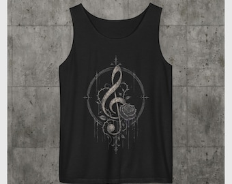 May include: A black tank top featuring a centered graphic of a treble clef intertwined with thorny vines and a single rose. The design is rendered in shades of grey and white, enclosed within a circular frame with vertical dripping line accents.