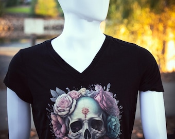Skull & Roses V-Neck T-Shirt, Custom Women's Tee