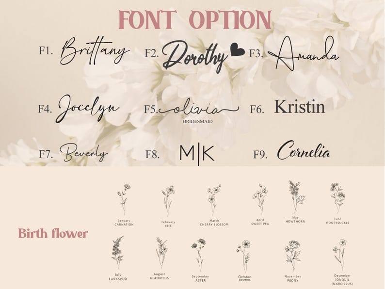 Puede incluir: Un gr&aacute;fico con nueve opciones de fuente para nombres, etiquetados del F1 al F9. Cada fuente se muestra con un nombre, como "Brittany", "Dorothy" y "Amanda". Debajo de las fuentes hay un gr&aacute;fico de flores de nacimiento, con cada mes del a&ntilde;o representado por una flor.