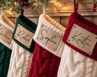 Kerstkousen met gravure 2026, Kerstkousen voor het hele gezin met leren patch, Feestkousen, Gebreide kousen, Kerstdecoratiecadeau
