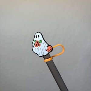 Halloween Ghost with pumpkin and flowers Fall Season Halloween Thanksgiving PVC straw topper straw cover straw buddy tumbler accessory