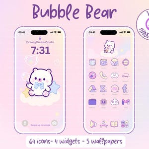 May include: Two smartphones displaying a cute, pastel-colored theme with a bear illustration. The lock screen shows a bear with a bow, while the home screen features 64 icons, 4 widgets, and 5 wallpapers. Text reads "Bubble Bear" and "100% AI Hand-drawn."
