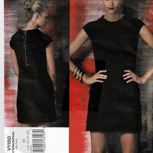 May include: A black dress with a fitted bodice and a tiered skirt. The dress has a zip fastening at the back and a round neckline. The dress is modelled against a red background.