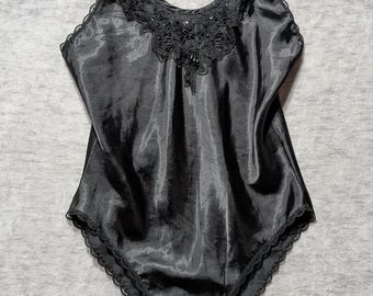 Vtg Black Teddy, Lace Beads Sequins, Nylon One Piece, Size 36, Avon, Made in Canada, Adjustable Straps, Snap Bottom, Very Good Condition