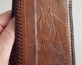 Vtg Tooled Leather Folding Wallet Billfold with HORSE and Initials WJE, Lacing, 5x3.75 in. Closed, 9.75x3.75 in. Open, Plastic Sleeves