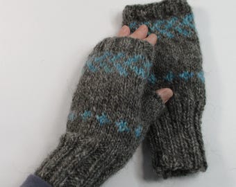 Icelandic Wool Fingerless Mitts, Mittens, Gloves, Hand Knit 100% Wool, Medium Gray, and Blue, Women One Size, Cozy Texting Gloves