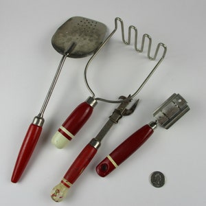 5 Vtg Red Handle Kitchenware Utensils, Egg Lifter, Knife Sharpener, Can Opener, Egg Beater, Masher, Kitchen Decor, Farmhouse Decor