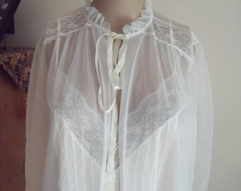 1970s Peignoir Set Nightgown, Robe, Sheer White Nylon, Lace, Pintucks, Ruffles, 100% Nylon, Size Small, Maker Gilead, Very Good Condition