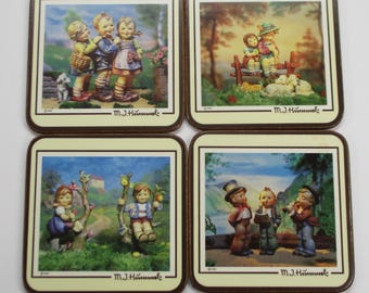 6 Vintage 1986 M.J.Hummel Coasters, 4 1/8 in. sq., Cork Backs, Different Hummel Characters, Made in England, Very Good Condition