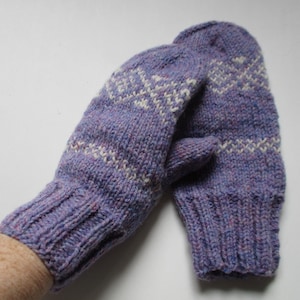 Handknit Wool Mittens, Gloves, Hand Knit 100% Wool, Lilac and White, Women&#39;s One Size, Cozy Warm, My Own Design and Pattern