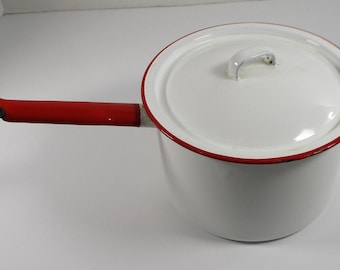 Vtg 1940s Enamel Cooking Pot, Saucepan White and Red, w Lid, approx. 6 in. h w Lid x 7.5 in. dia., Farmhouse Decor, Display Item Only
