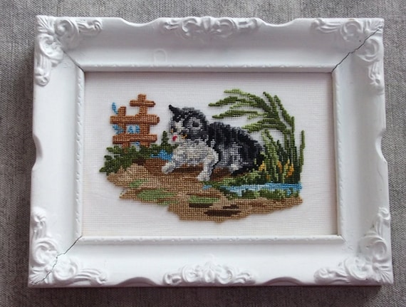 Framed Kitten in Garden Petit Point Needlepoint Picture, No Glass, White Wood Frame 7.5 in.x5.5 in., Picture 5.5 in.x 3.5 in., Sweet Picture