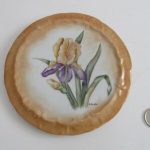 May include: A round porcelain coaster with a scalloped edge and a hand-painted image of a yellow and purple iris flower. The coaster has a light brown rim.