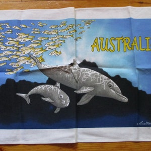 Australia Tea Towel, Souvenir of Australia, Dolphins, Fish, Blue, Gray, Yellow, Cotton, 32 x 19 in., Excellent Unused Condition
