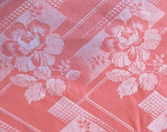 Vtg Orange Tablecloth w Woven Floral Design, Med. Weight Cotton, 97 in. long x 49.5 in. wide,  Very Good Condition