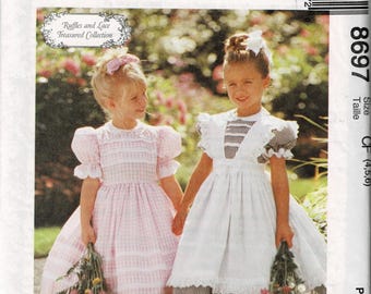 1997 McCalls Sewing Pattern 8697 Ruffles and Lace for Girls' Dresses, Pinafore, Sizes 4-5-6, Instructions, New and Uncut-