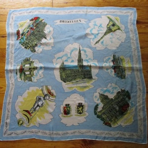 Vtg Brussels Scarf, Bruxelles Souvenir Scarf, 28 in. sq. Handrolled Silk, Pale Blue, White, City Landmarks, Manneken Pis, Grand Place
