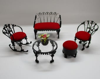 Vtg Metal Scrollwork Doll Furniture, Settee, Chair, Rocking Chair, Table, Footstool, Red Upholstery, Handcrafted,  Very Good Condition