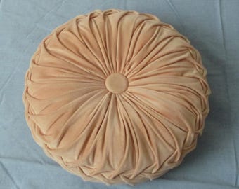 Vintage Velvet Tufted and Pleated Pillow, 14 in. Cushion, Retro Style, Mid-Century, Some Overall Fade, Very Good Condition