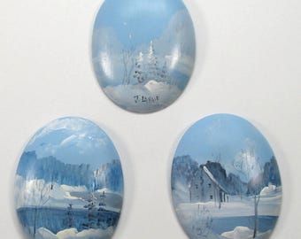 3 Vtg Chalkware Wall Plaques, Blue n White Winter Scenes, Artist Signed, approx. 3.25 in. h x 2.5 in. w, Hangers on Back, Made in Canada