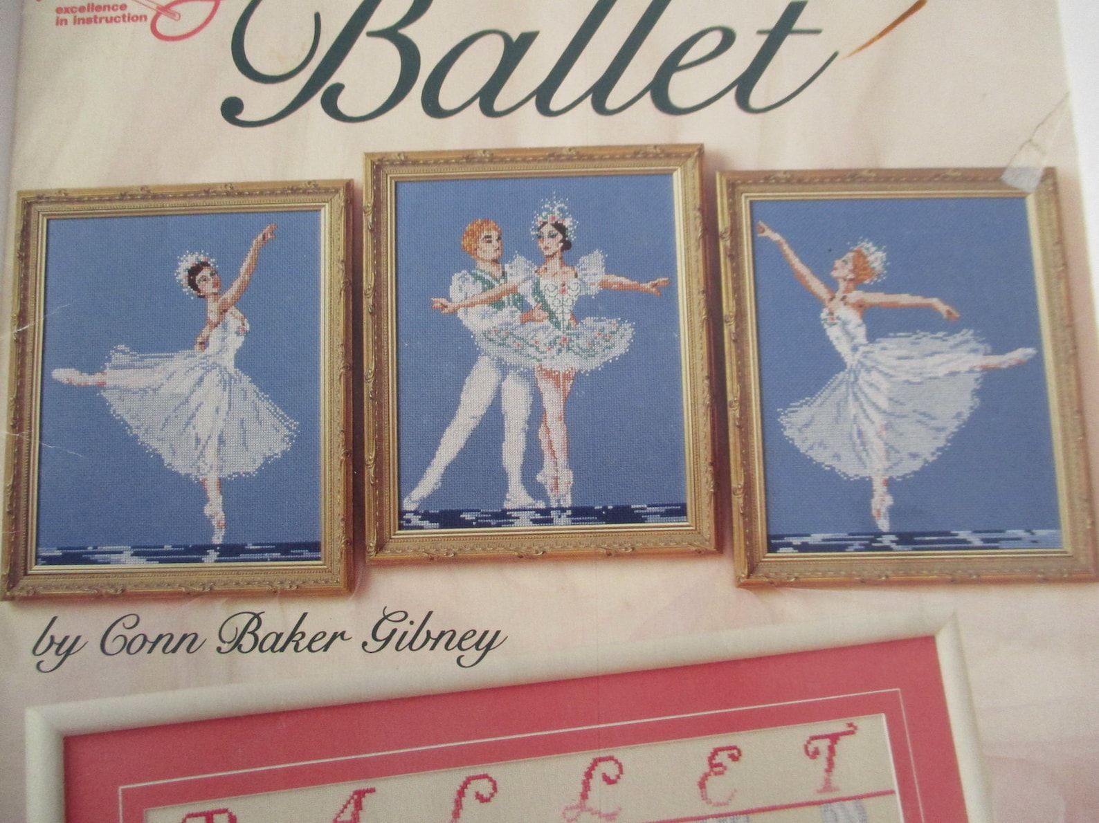 1992 ballet cross stitch booklet, 8 ballet designs counted x stitch charts, 17 pgs, american school of needlework 3604, by conn