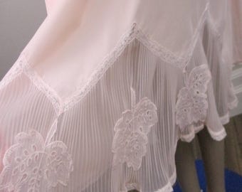 1940s Pink Rayon Crepe Half Slip, Pleated Lace Insert, Small, Elastic Waist, Mid Calf Length, Maker's Label, Very Good Condition